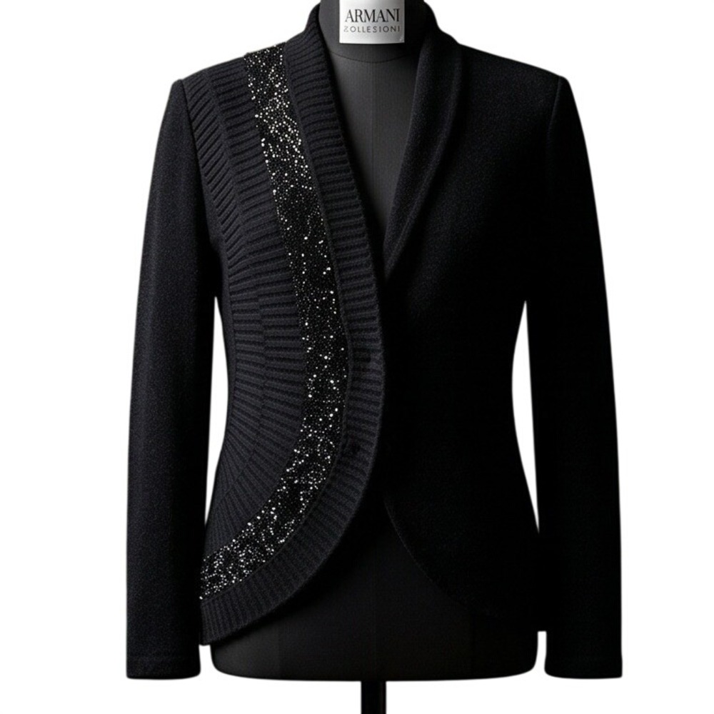 Armani Collezioni S/M Black Cashmere Wool Sequin Knit‎ Cardigan Jacket Italy